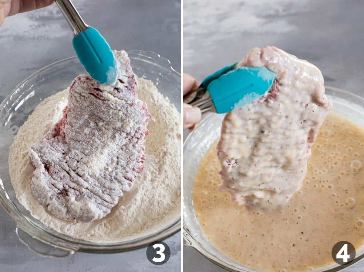 Dredging cube steak in flour and egg mixture.