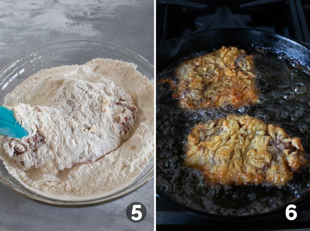Dredging steak in flour and frying in oil.
