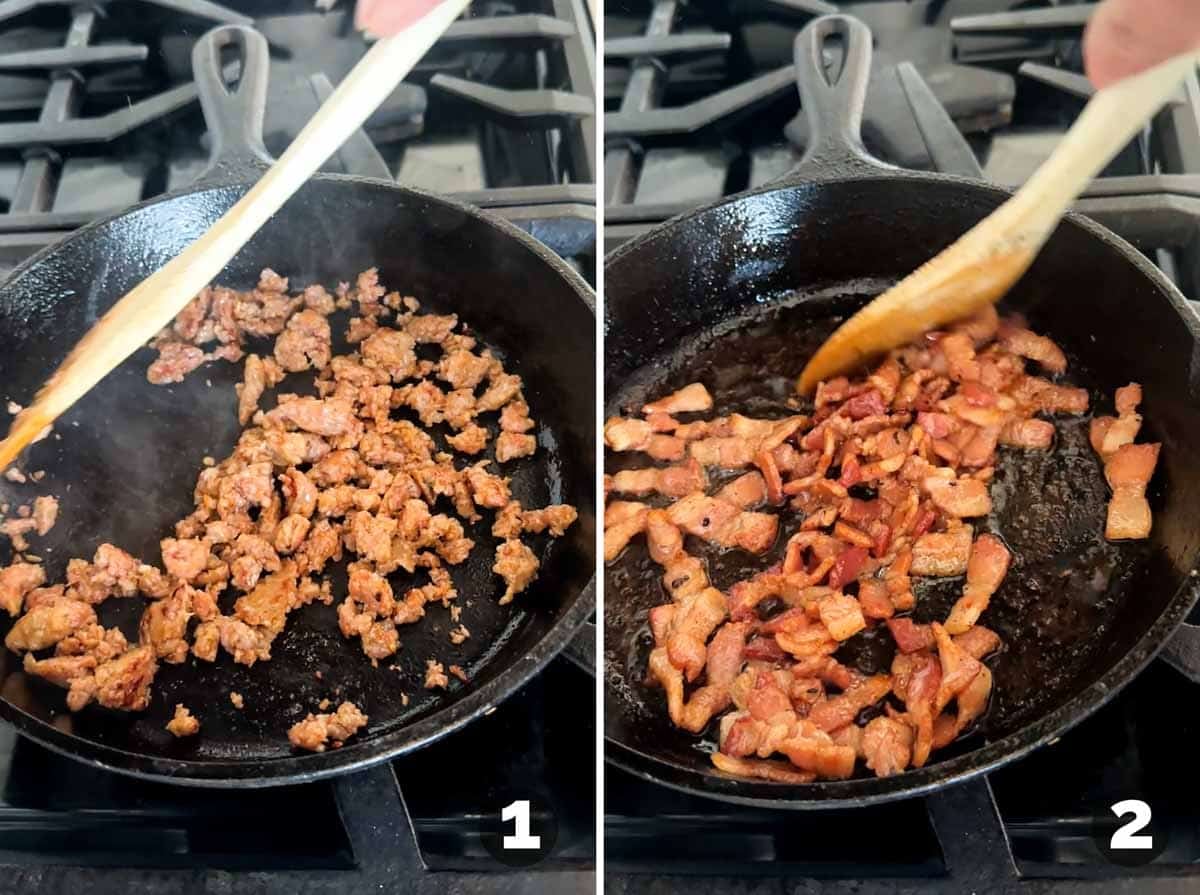 Cooking sausage and bacon for a Meat Lover's Pizza.