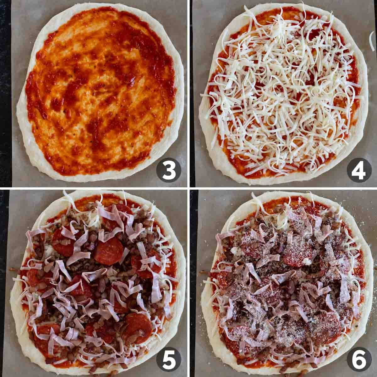 Steps to assemble a meat lover's pizza.