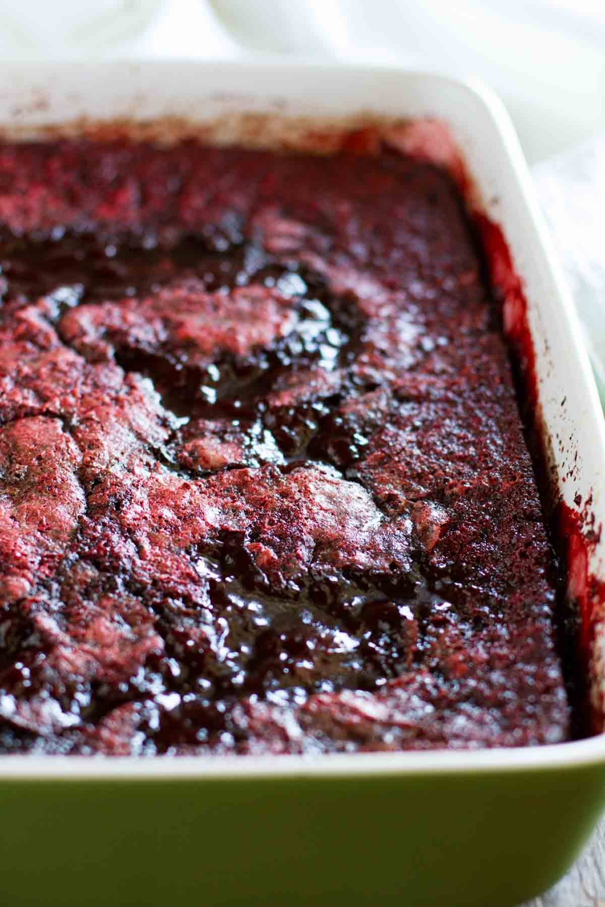 Baking dish with red velvet cobbler.