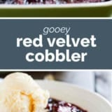 Red Velvet Cobbler collage with text bar in the middle.