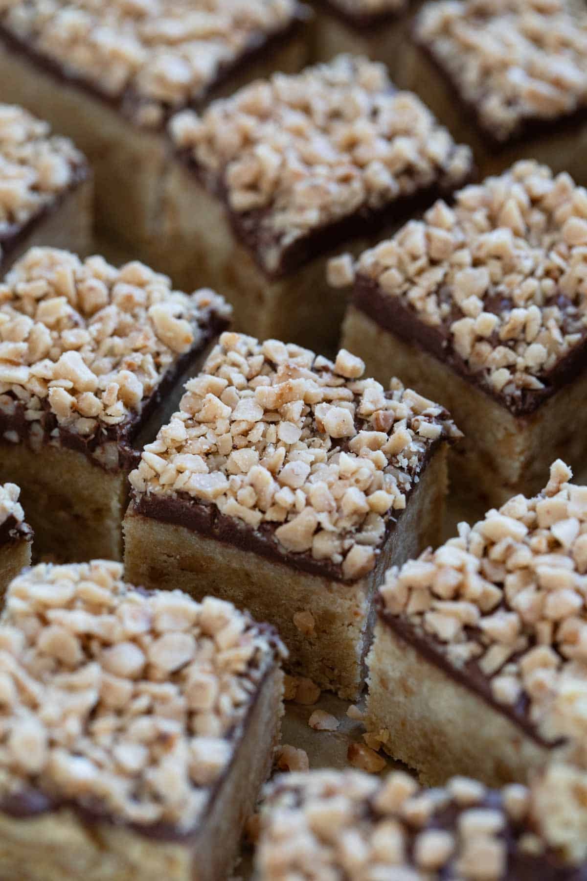4 ingredient Ritz Crackers Toffee Bars topped with toffee pieces.