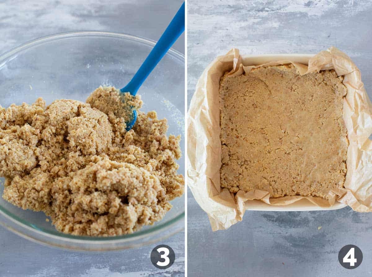 Mixing ritz crackers, toffee pieces and sweetened condensed milk and pressing into baking dish.