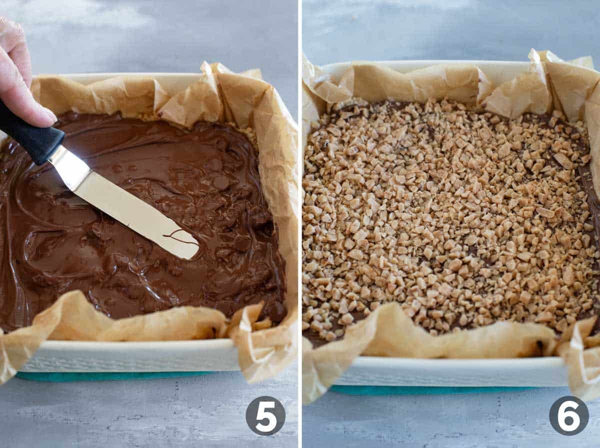 Topping Ritz Cracker Toffee Bars with chocolate and toffee.