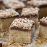 Ritz Cracker Toffee Bars topped with chocolate and toffee.