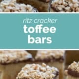 Ritz Cracker Toffee Bars collage with text bar in the middle.