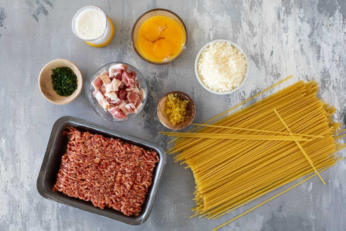 Ingredients for Sausage Carbonara Pasta.