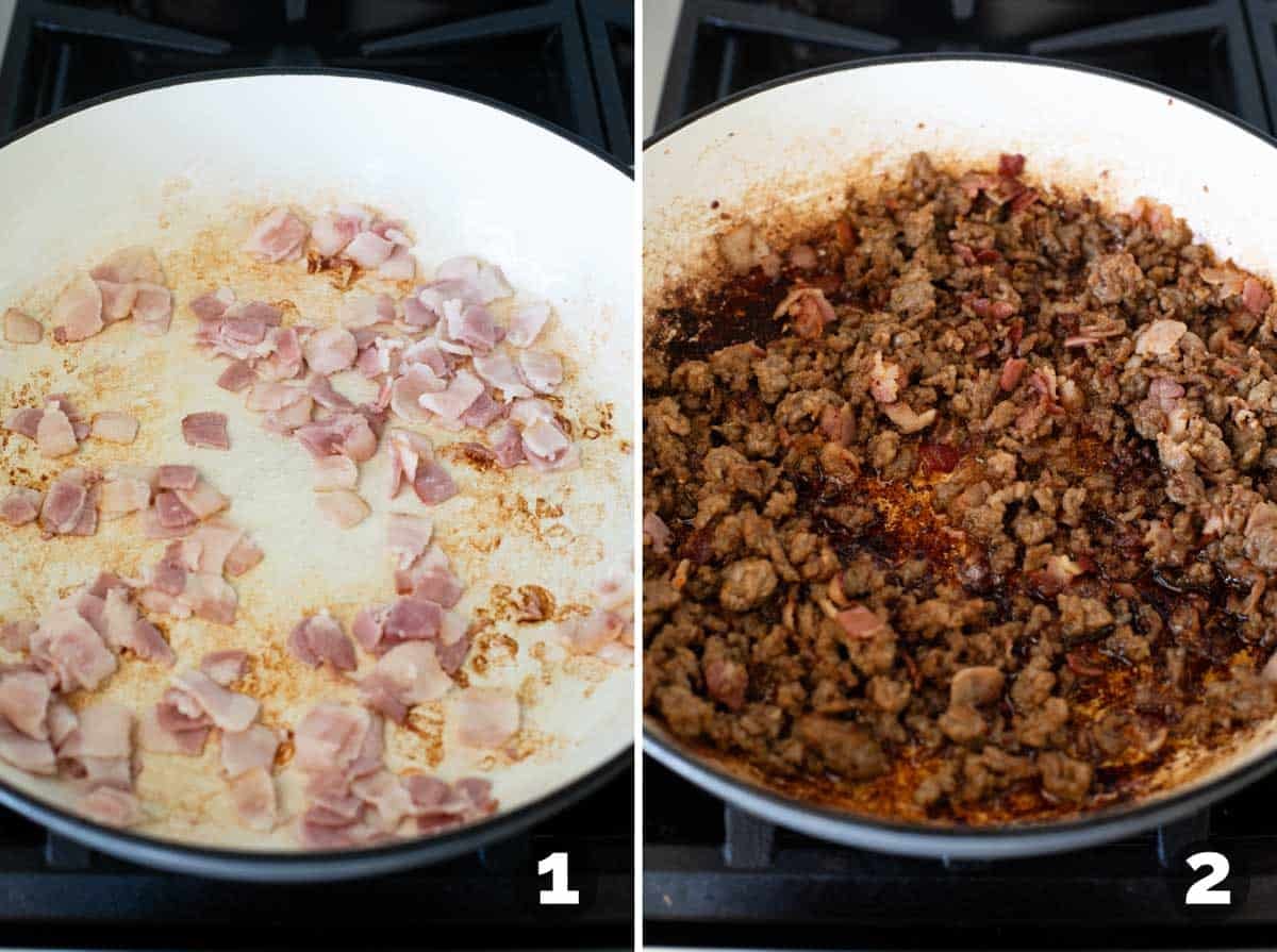 Cooking bacon and sausage for Sausage Carbonara Pasta.