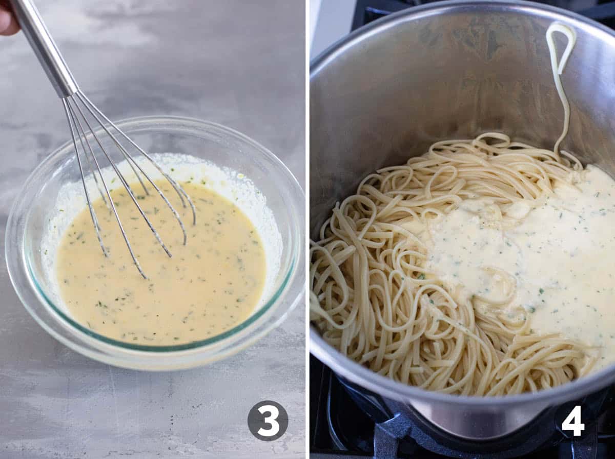 Mixing egg yolks, cream, and parmesan and adding to hot pasta.
