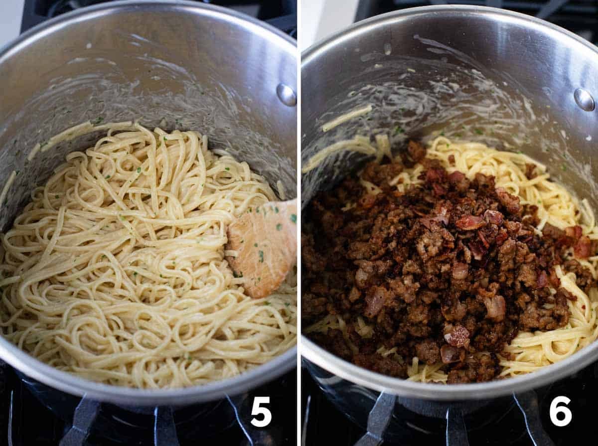 Stirring carbonara and adding cooked sausage and bacon.
