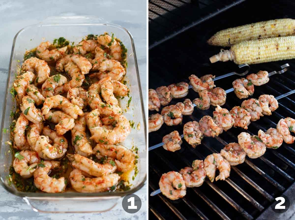 Making and grilling shrimp and corn on the cob.