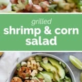 Shrimp and Corn Salad collage with text bar in the middle.