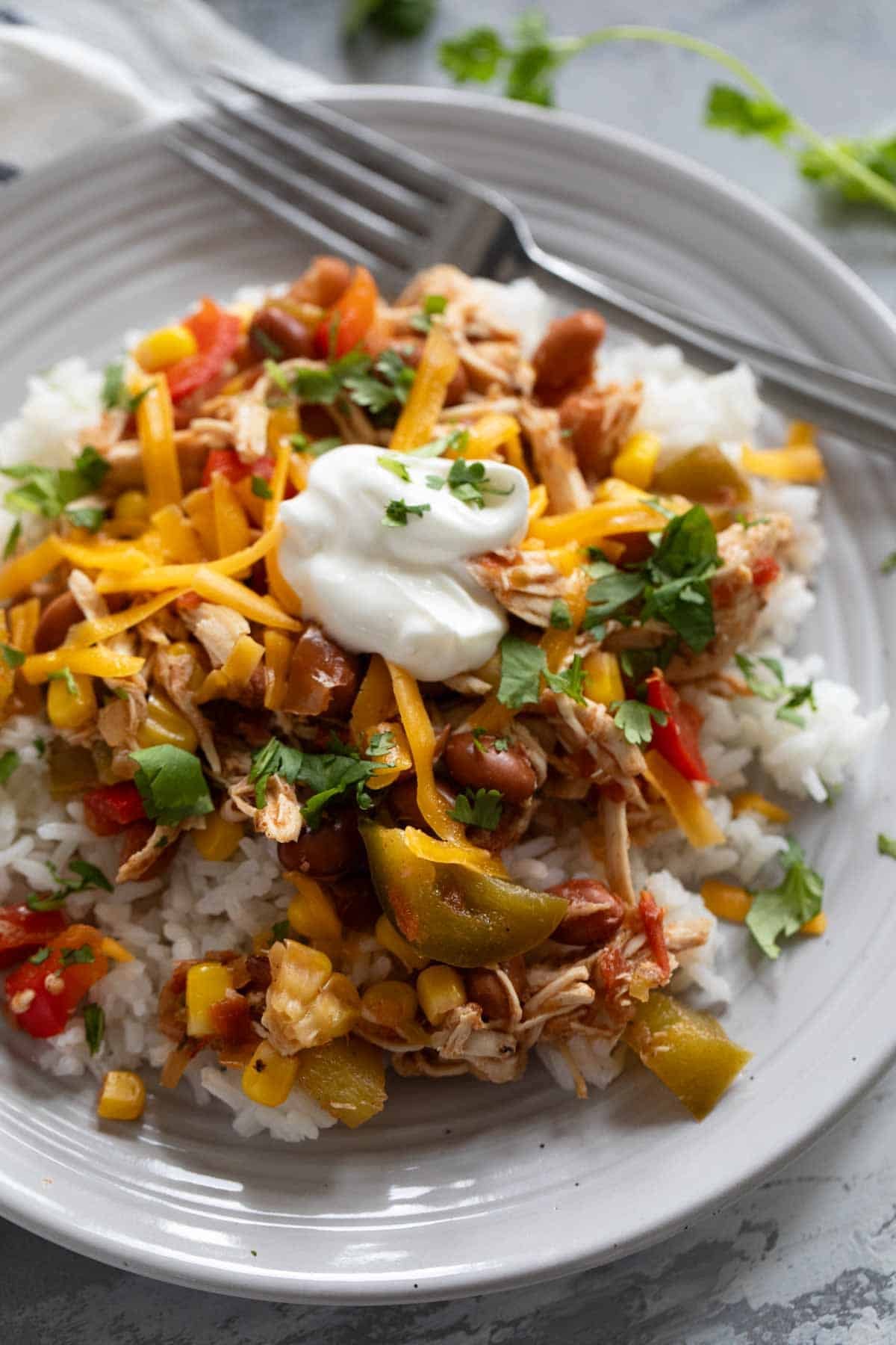 Slow Cooker Tex-Mex Chicken over rice, topped with cheese, sour cream, and cilantro.