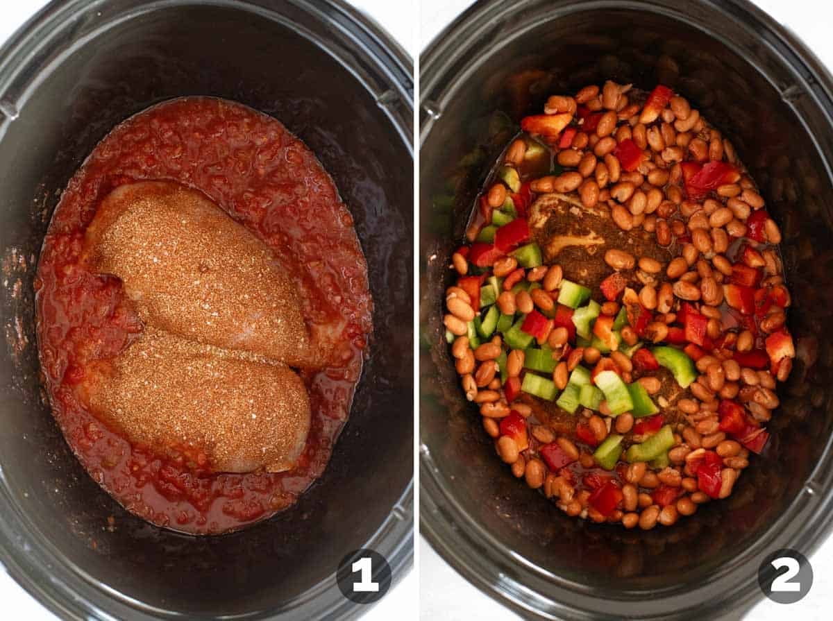 Adding seasoned chicken and salsa to a slow cooker, then adding in beans and bell peppers.
