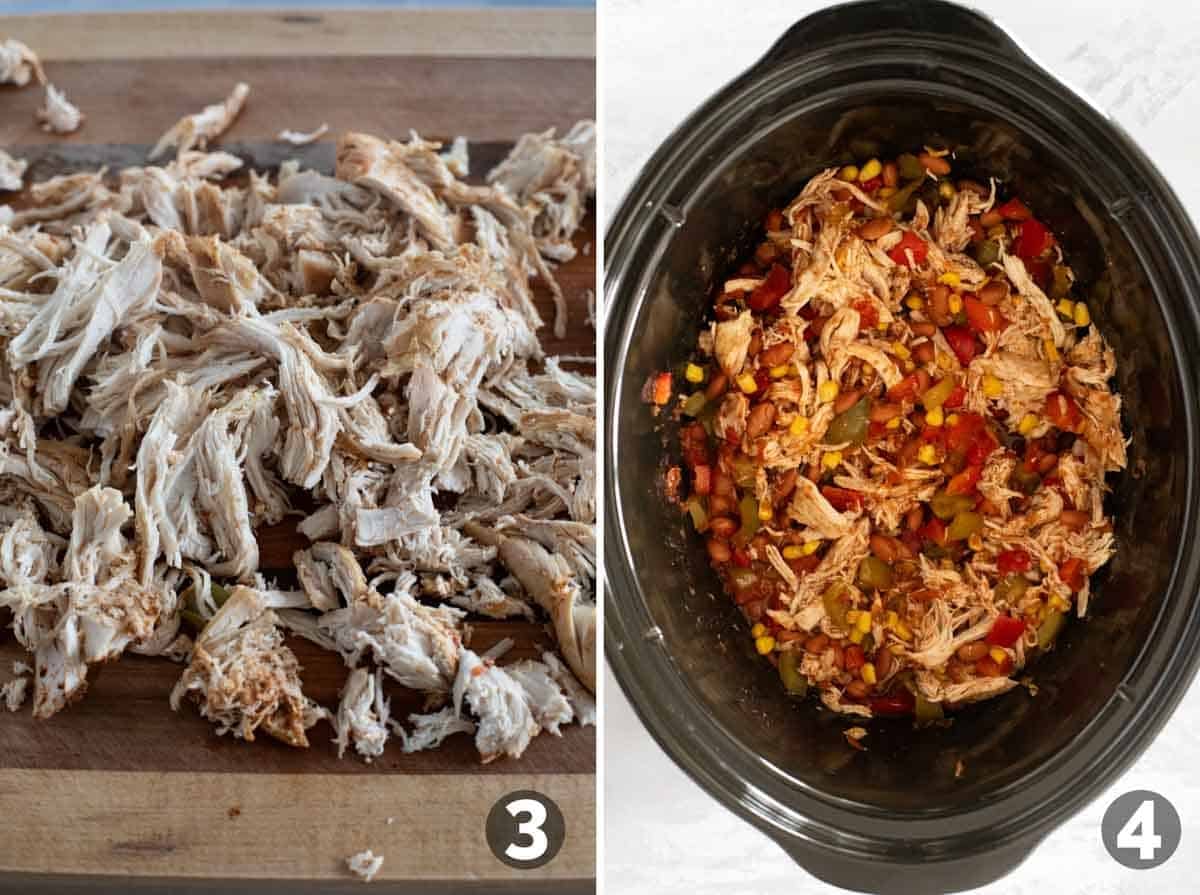 Shredding cooked chicken and adding chicken back into the slow cooker.