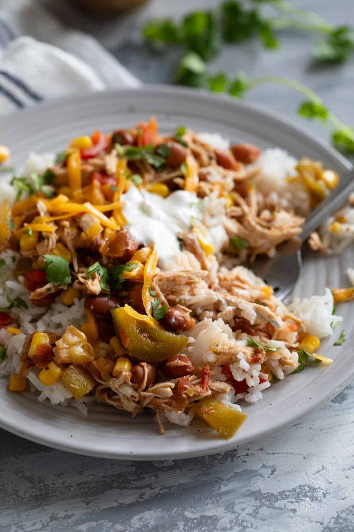 Slow Cooker Tex-Mex Chicken over rice, with a fork on the plate.