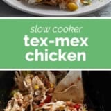 Slow Cooker Tex-Mex Chicken collage with text bar in the middle.