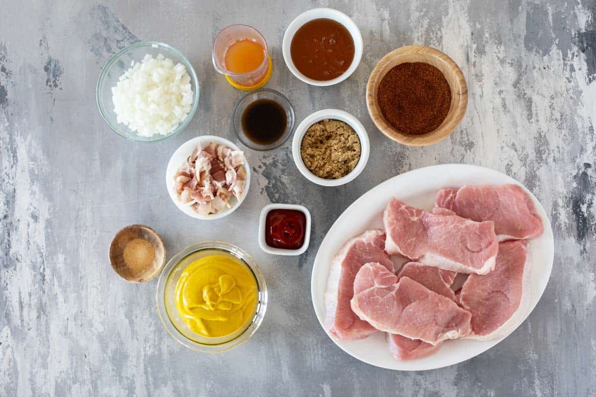 Ingredients to make Spice-Rubbed Pork Chops with Bacon Mustard BBQ Sauce.