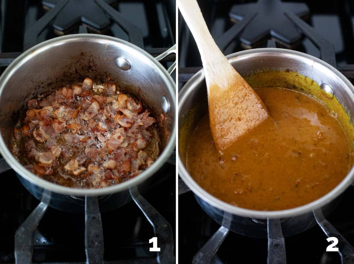 Cooking bacon and making homemade Bacon Mustard BBQ Sauce.