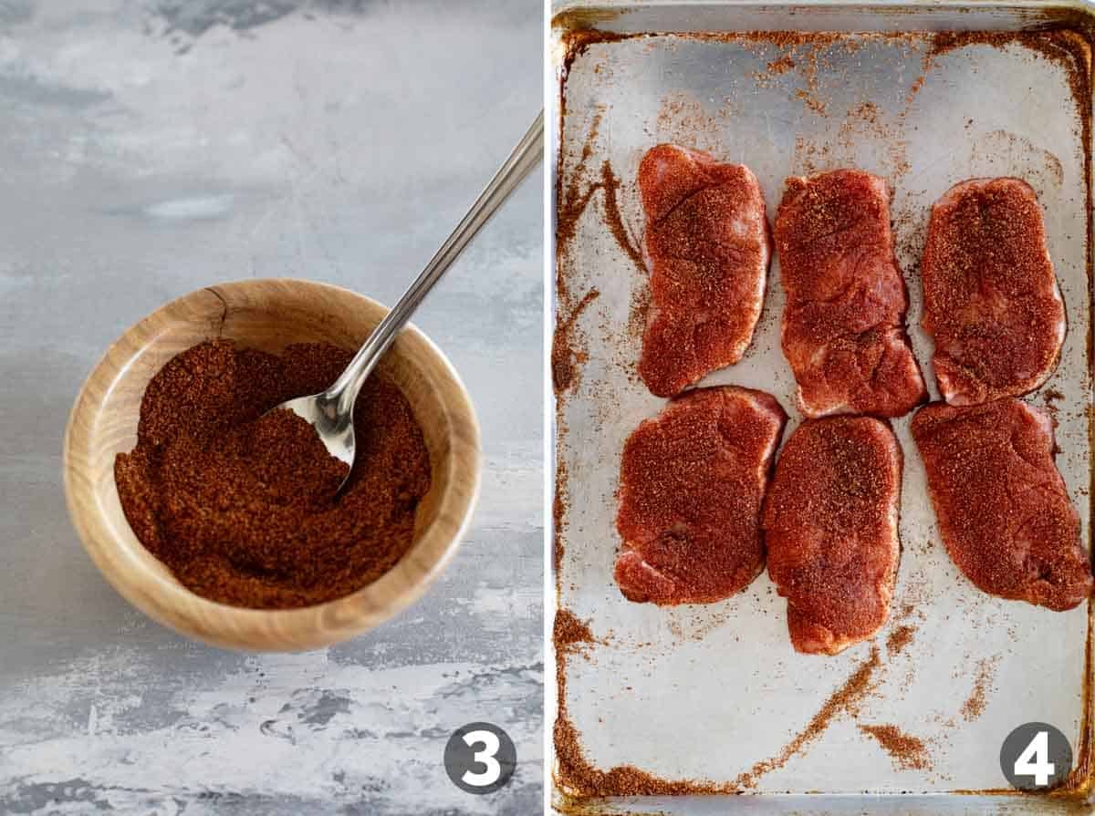 Making spice mixture and seasoning pork chops.