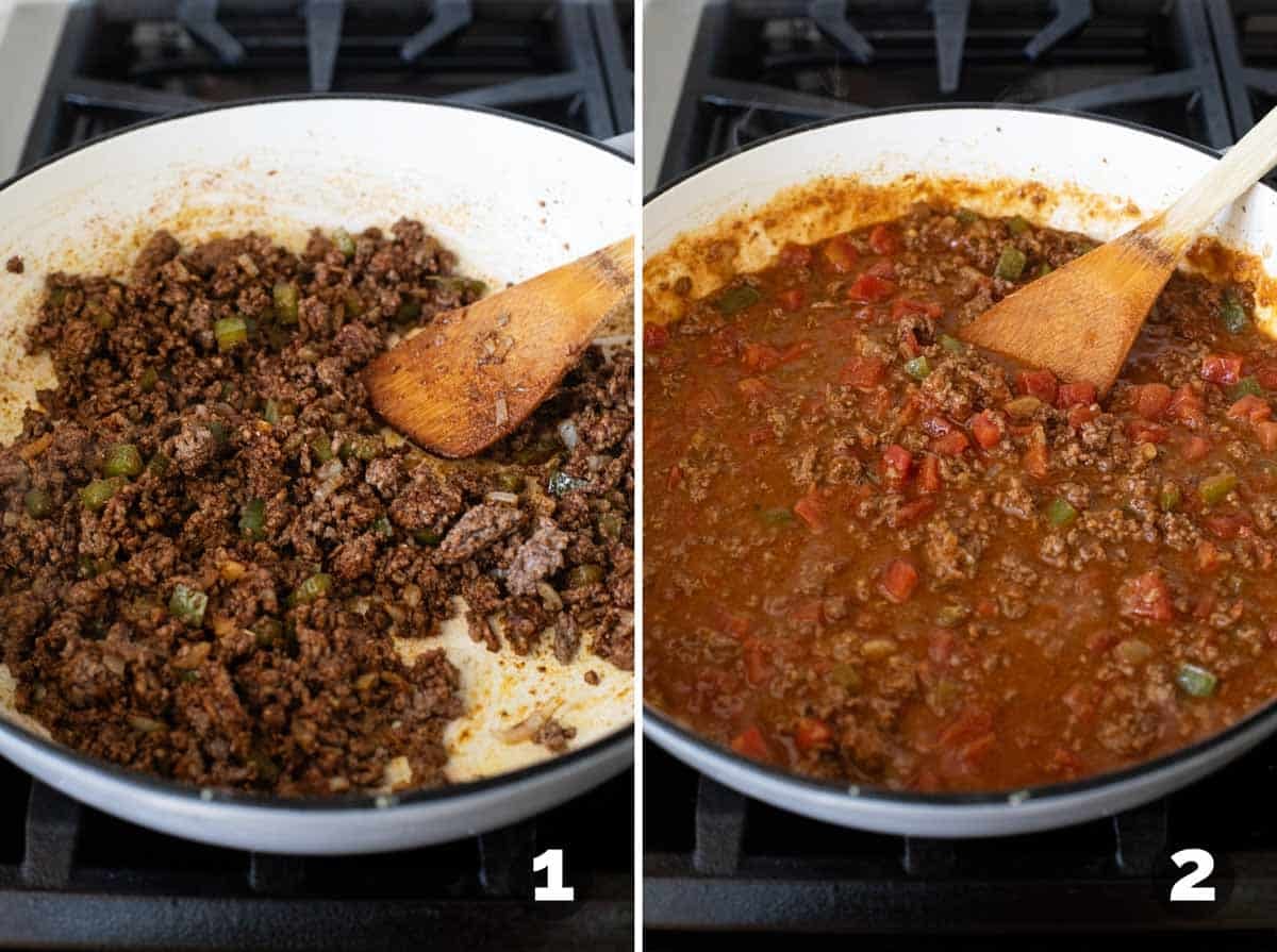 Cooking ground beef with onions and peppers and adding ingredients for Taco Pasta base.