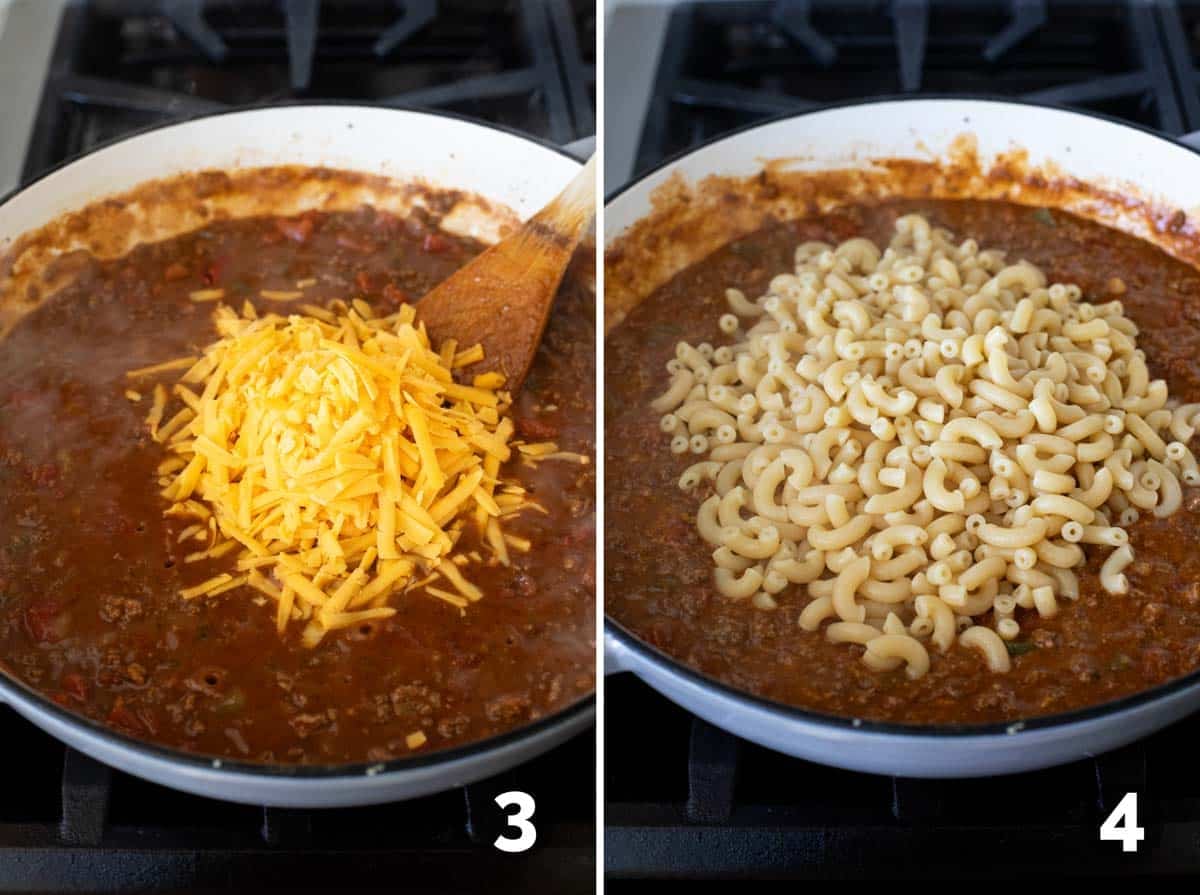 Adding cheese and pasta for Taco Pasta.