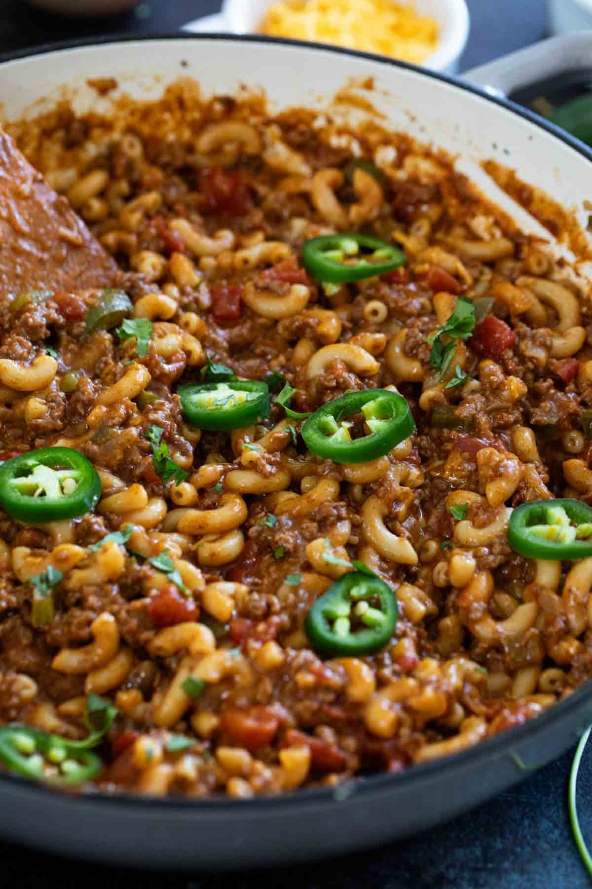 Skillet filled with Taco Pasta.