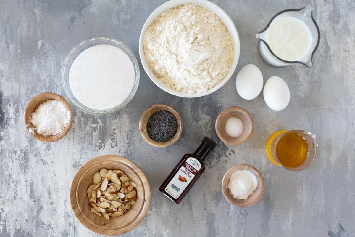 Ingredients for Almond Poppy Seed Muffins.