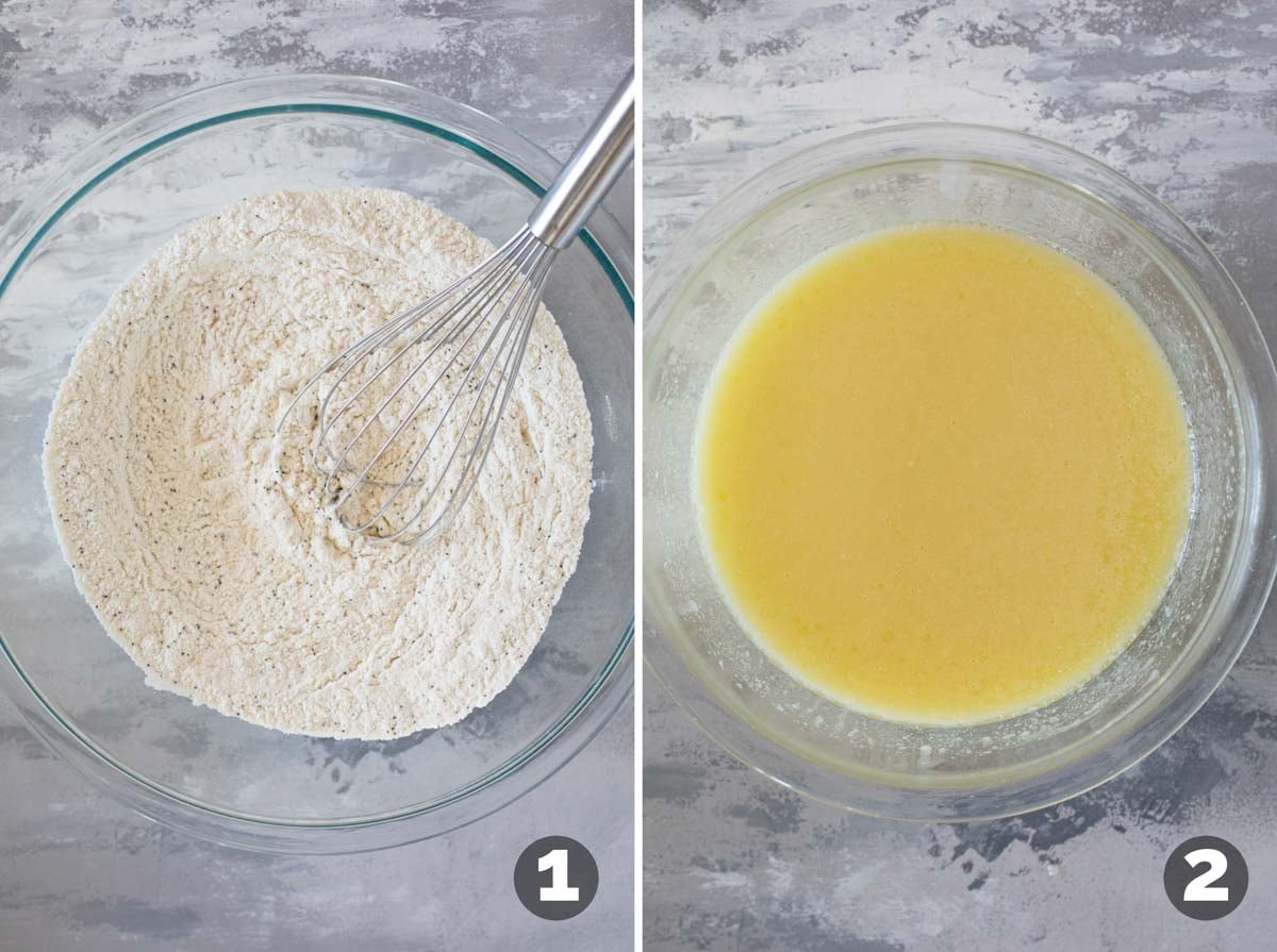 Mixing dry ingredients and wet ingredients for Almond Poppy Seed Muffins.