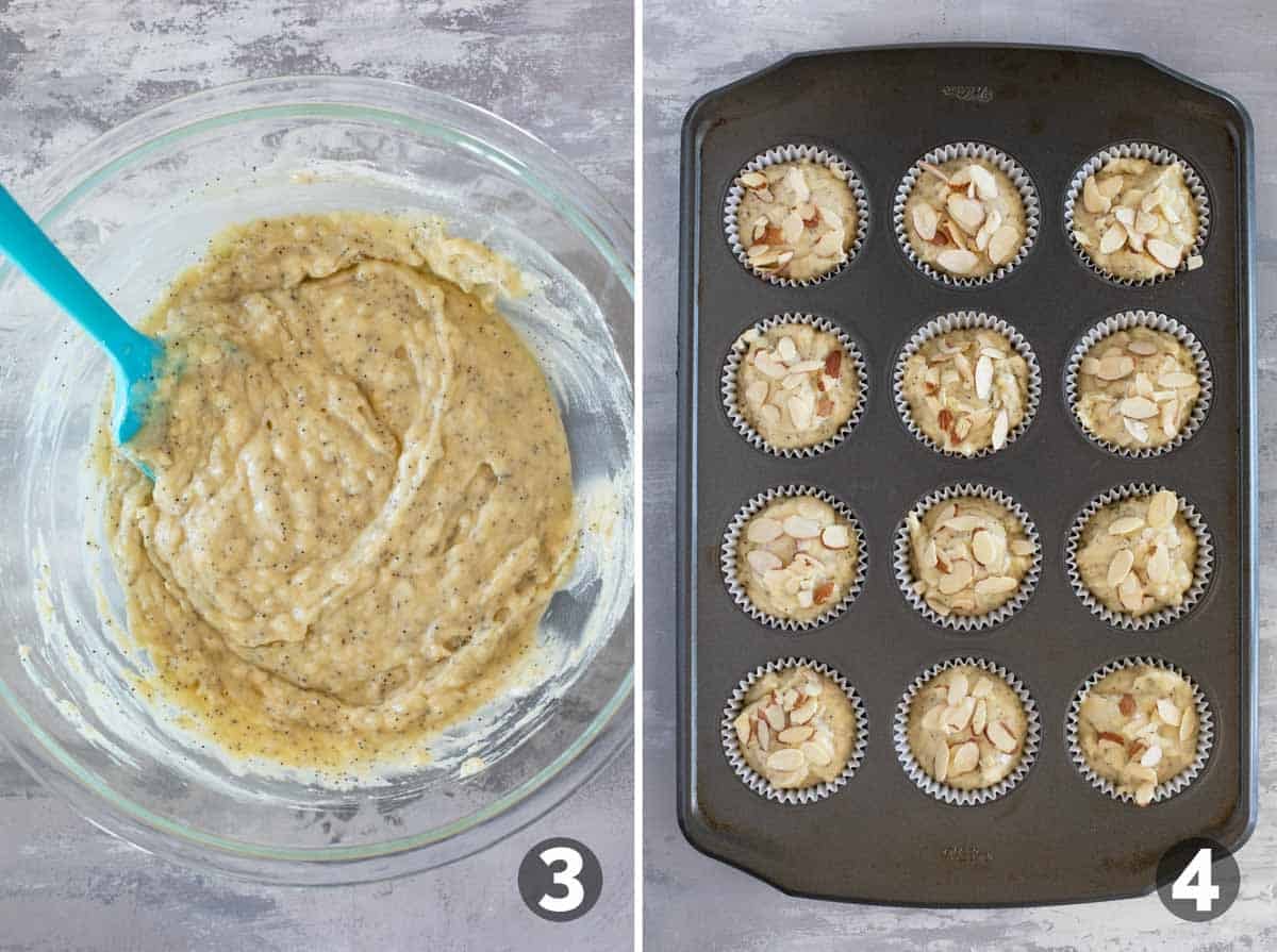 Mixing almond poppy seed muffin batter and adding to muffin cups.