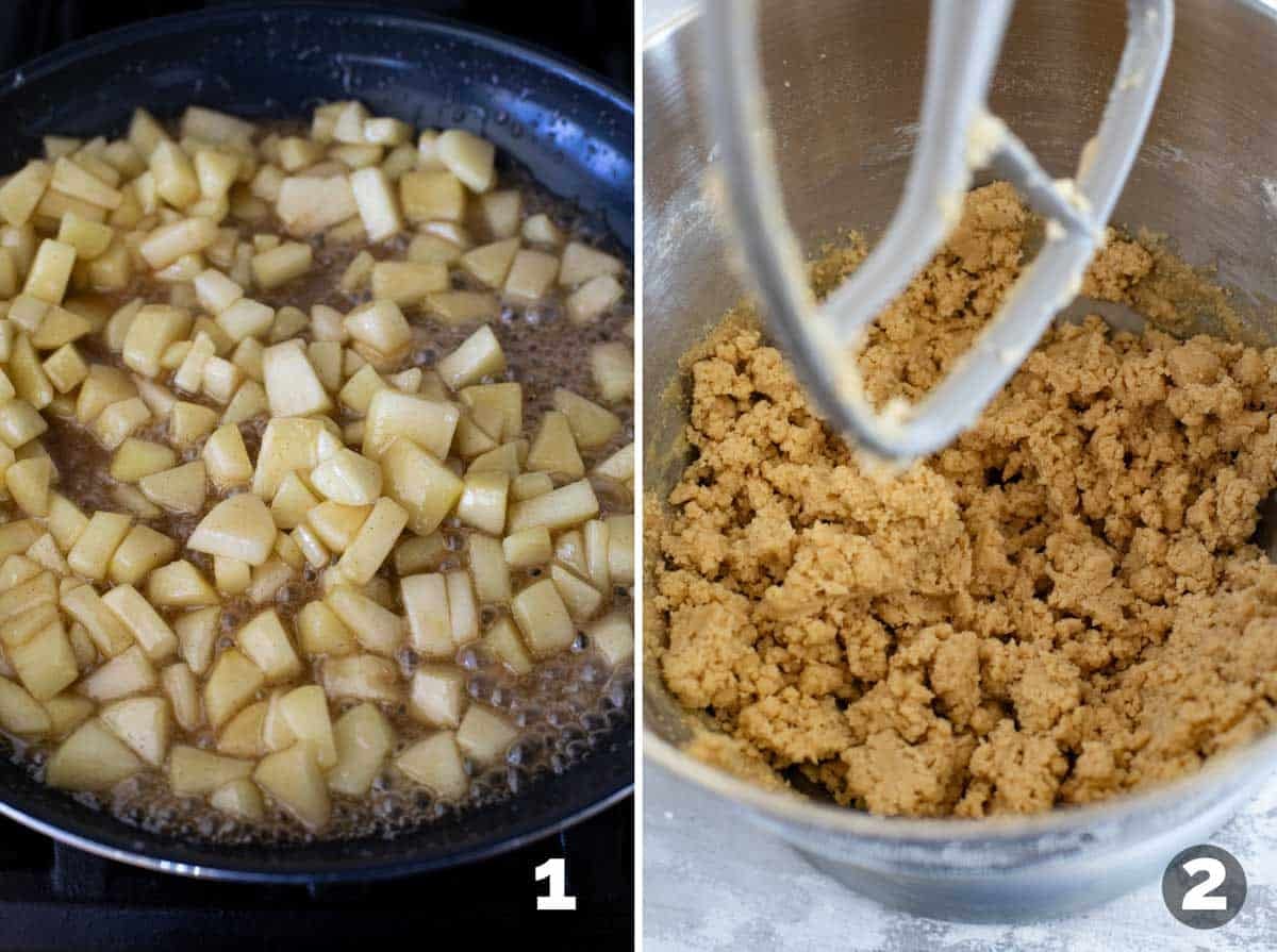 Making apple filling and cookie crust.