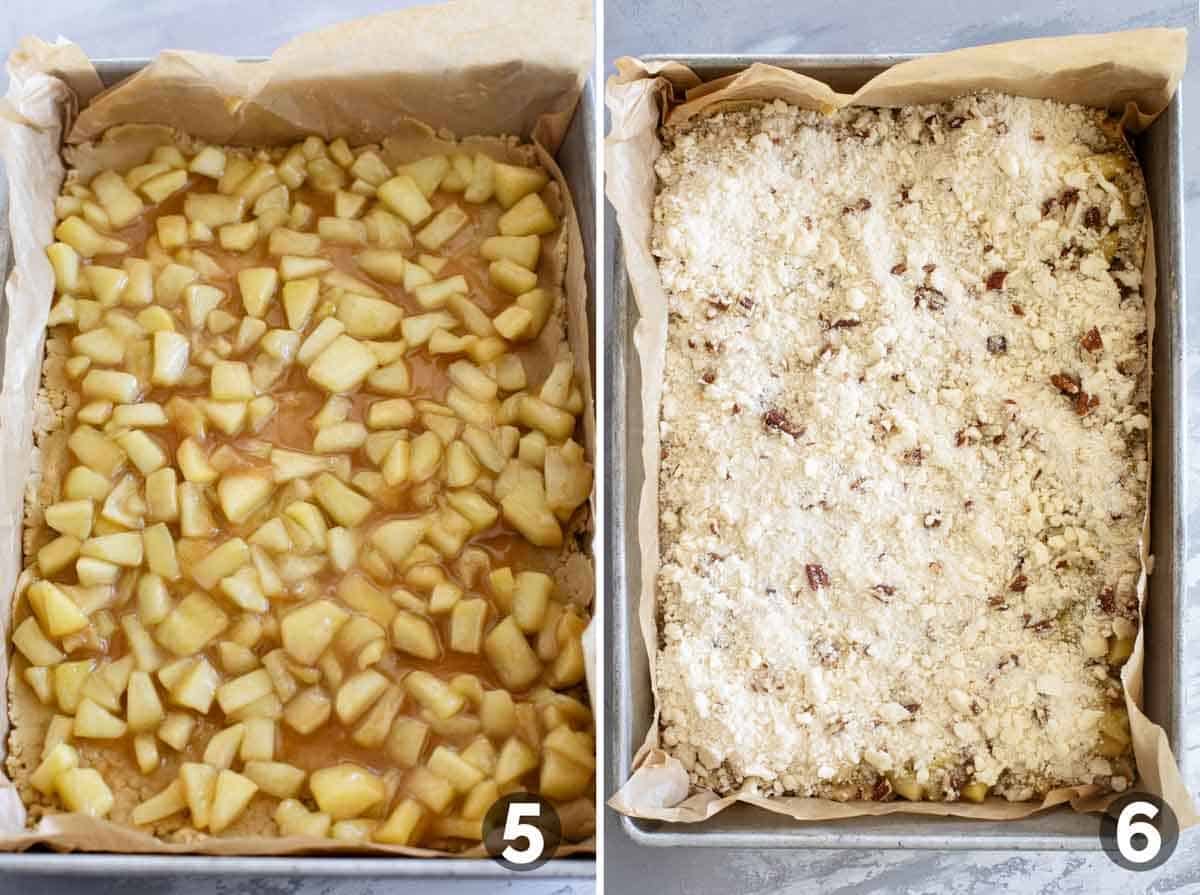 Adding apple filling and crumb topping for Apple Pie Bars.