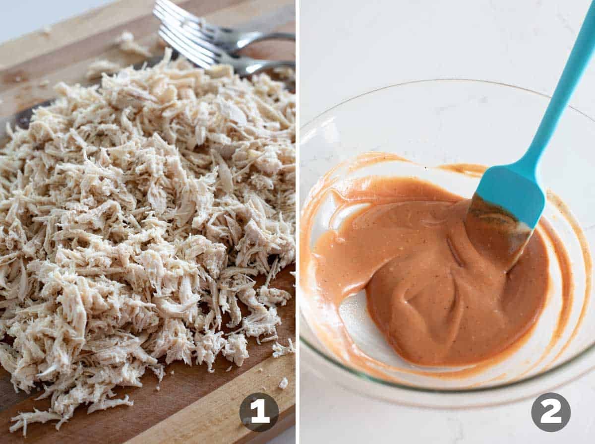 Shredding chicken on a cutting board and combining sauce ingredients.