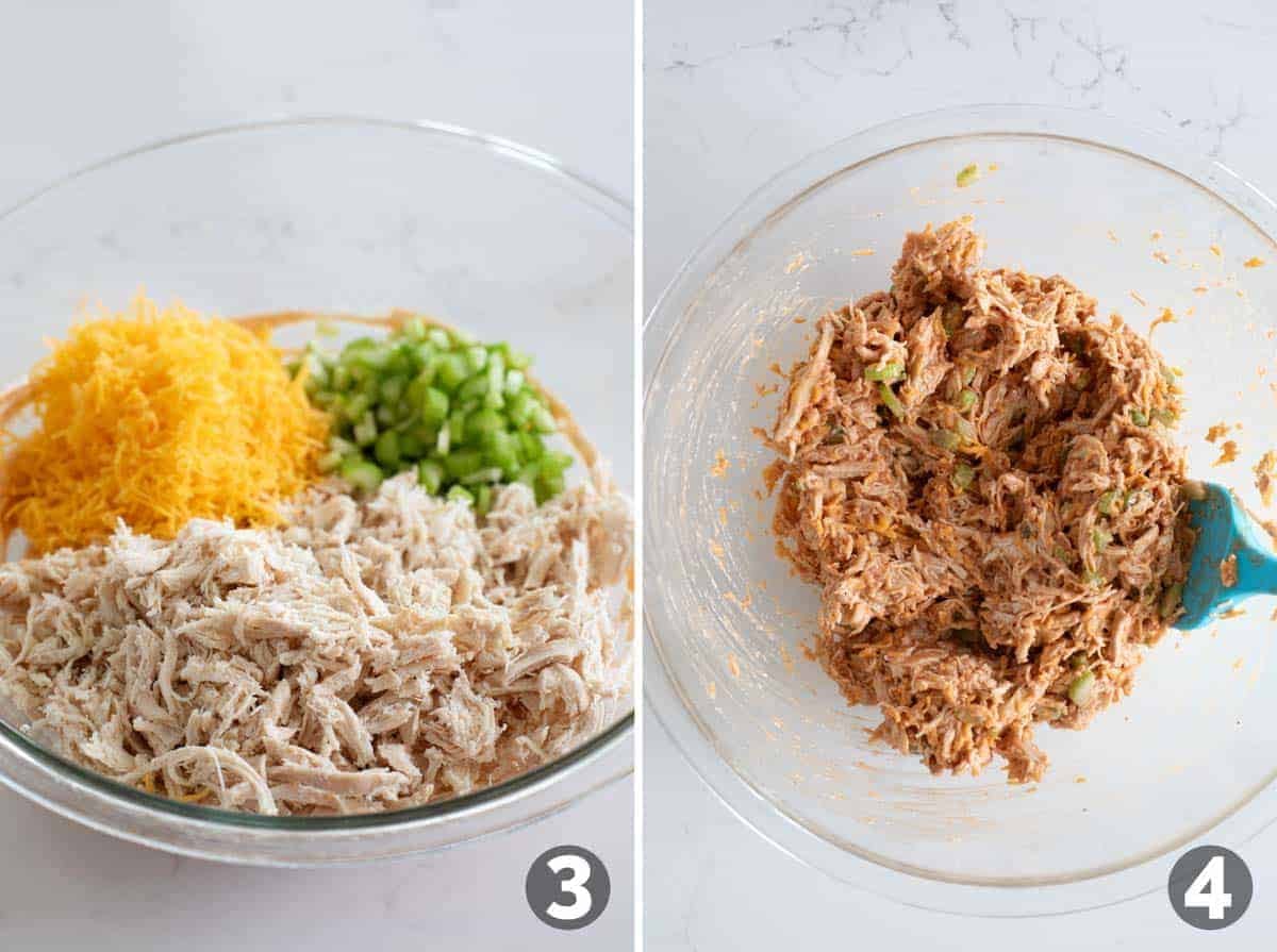 Combining ingredients for BBQ Ranch Chicken Salad Sandwiches.