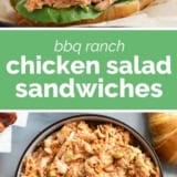 BBQ Ranch Chicken Salad Sandwiches collage with text bar in the middle.