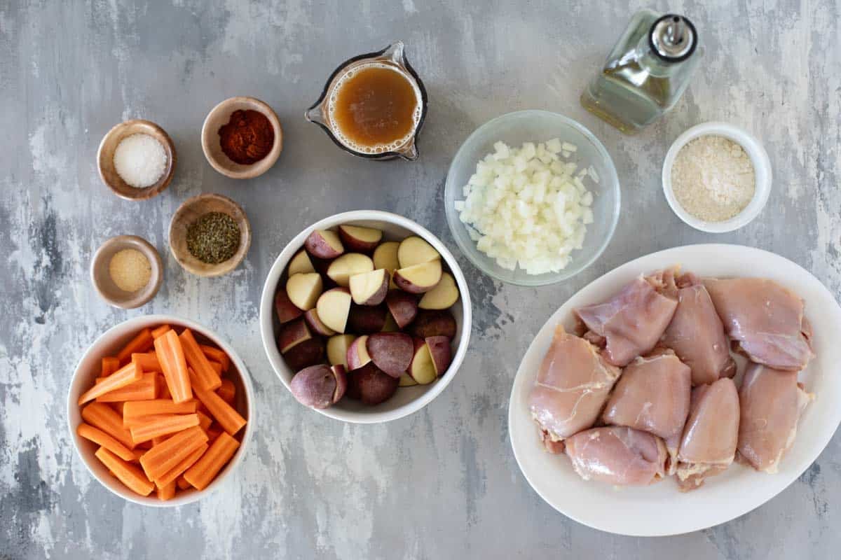 Ingredients for Braised Chicken Thighs with Carrots and Potatoes.