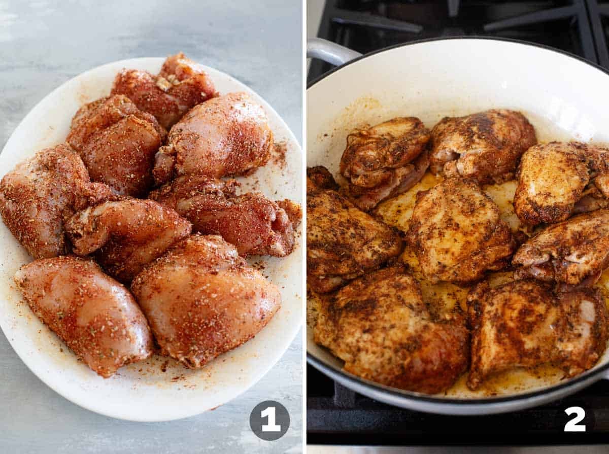 Seasoning chicken thighs and browning in a skillet.