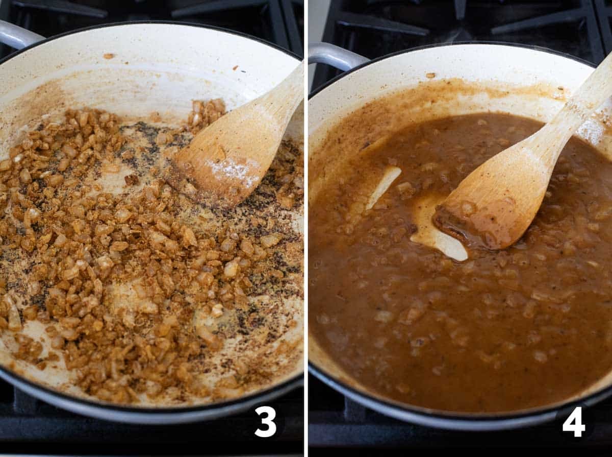 Sautéing onions with flour, then adding chicken broth.