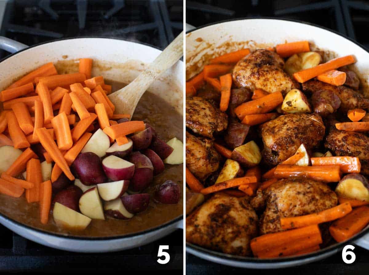 Adding carrots and potatoes to gravy, then adding in chicken thighs.