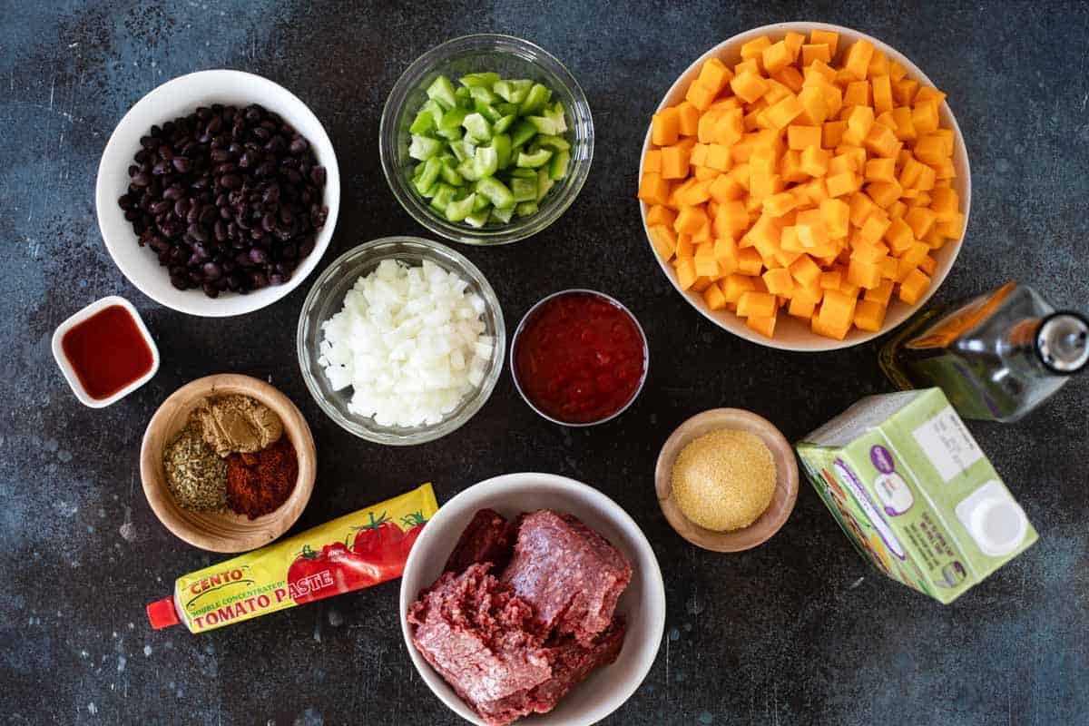 Ingredients for Butternut Squash Chili with Beef.