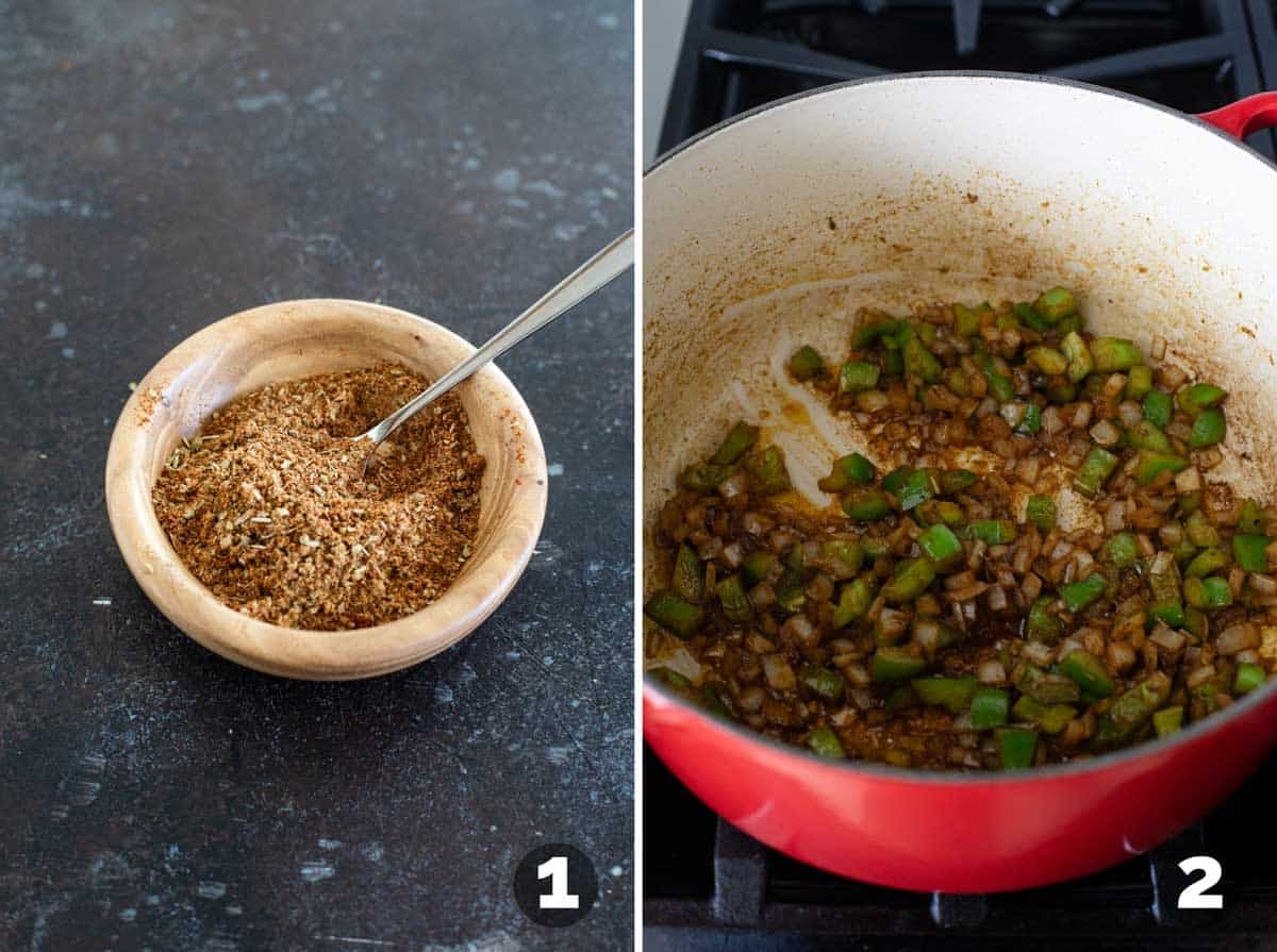 Mixing together spices and sautéing vegetables.