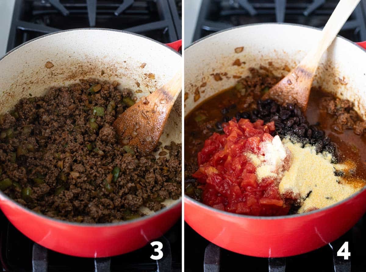 Browning ground beef in a Dutch oven and adding ingredients.