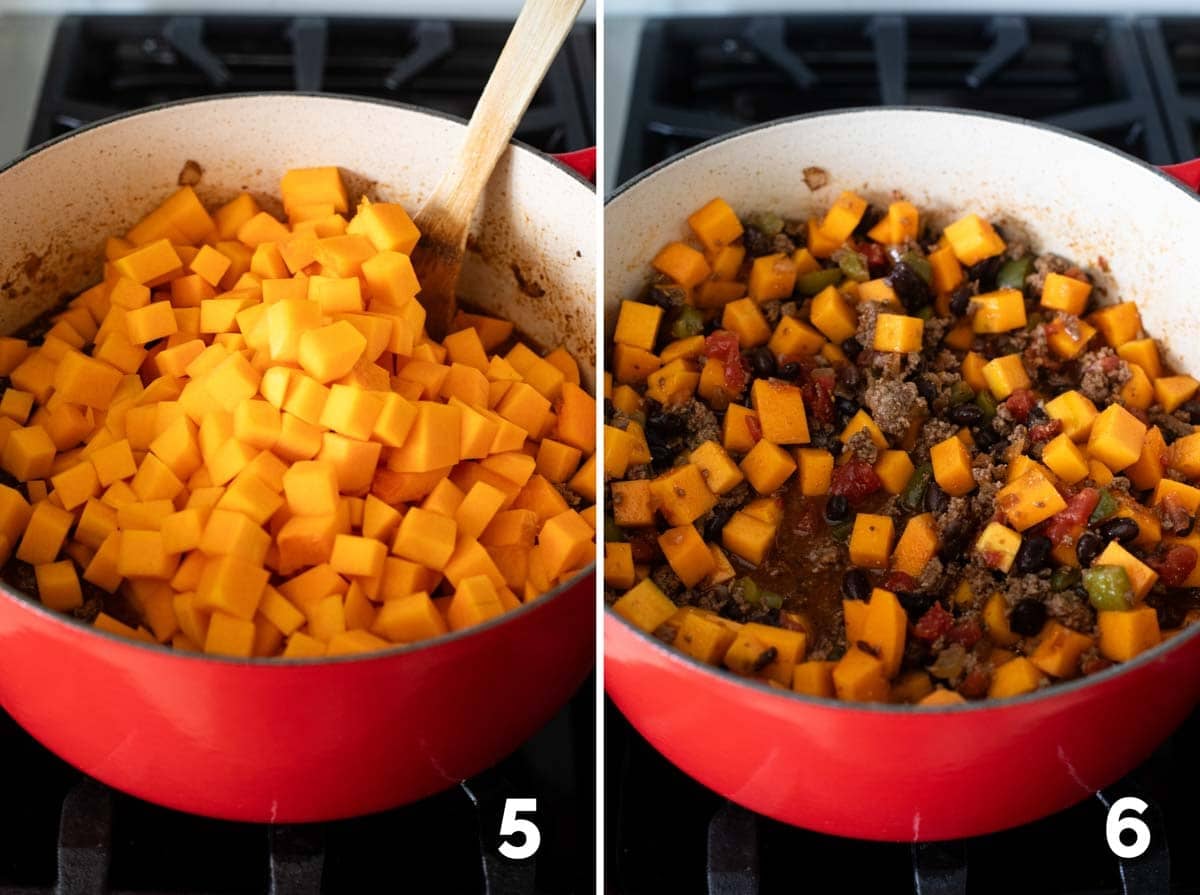 Adding butternut squash to chili and combining with all ingredients.