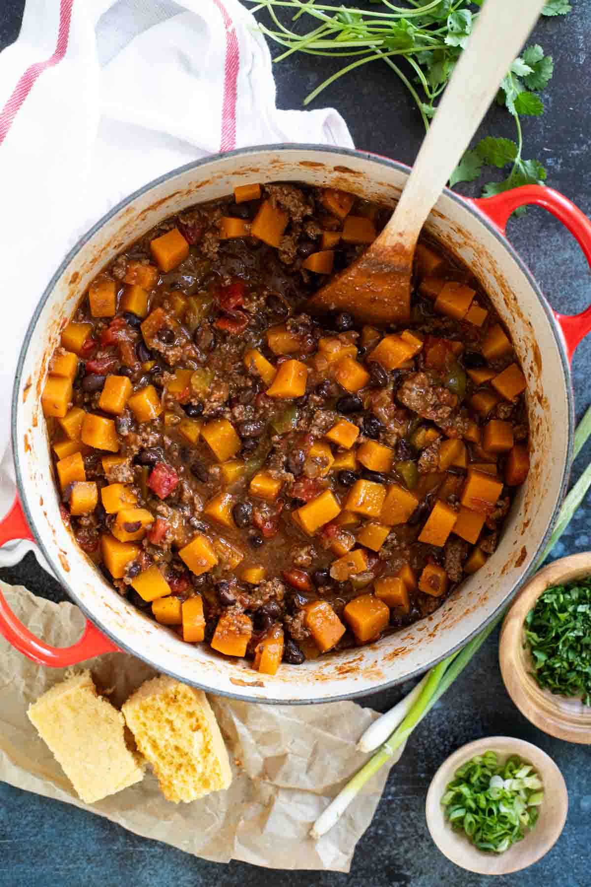 Dutch oven filled with Butternut Squash Chili with Beef.