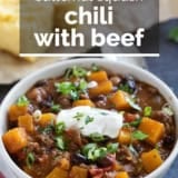 Butternut Squash Chili with Beef with text overlay.