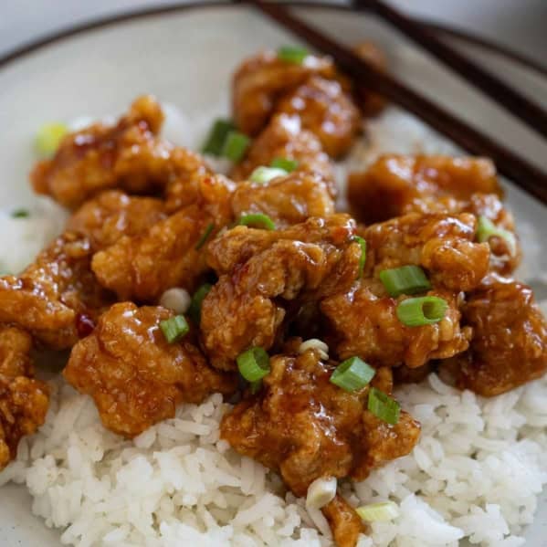 Chicken Oriental served over rice.