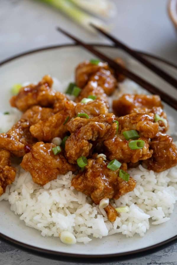 Chicken Oriental served over rice.