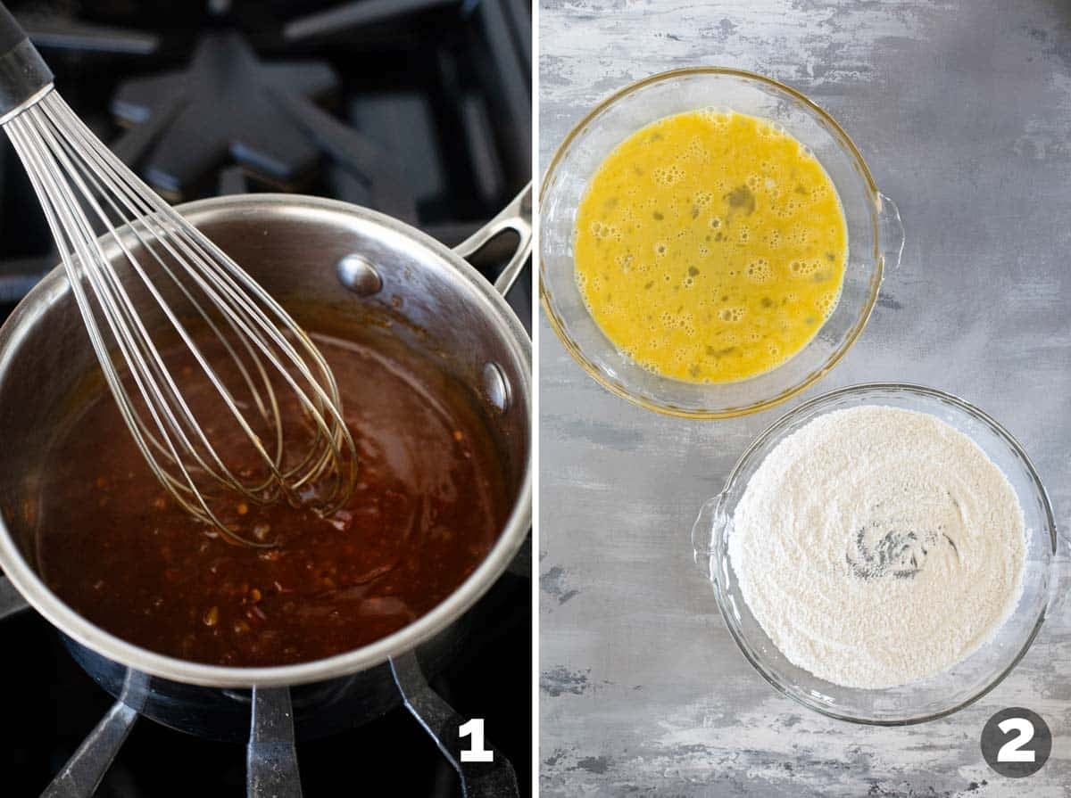 Making Chicken Oriental sauce, and prepping breading for chicken.