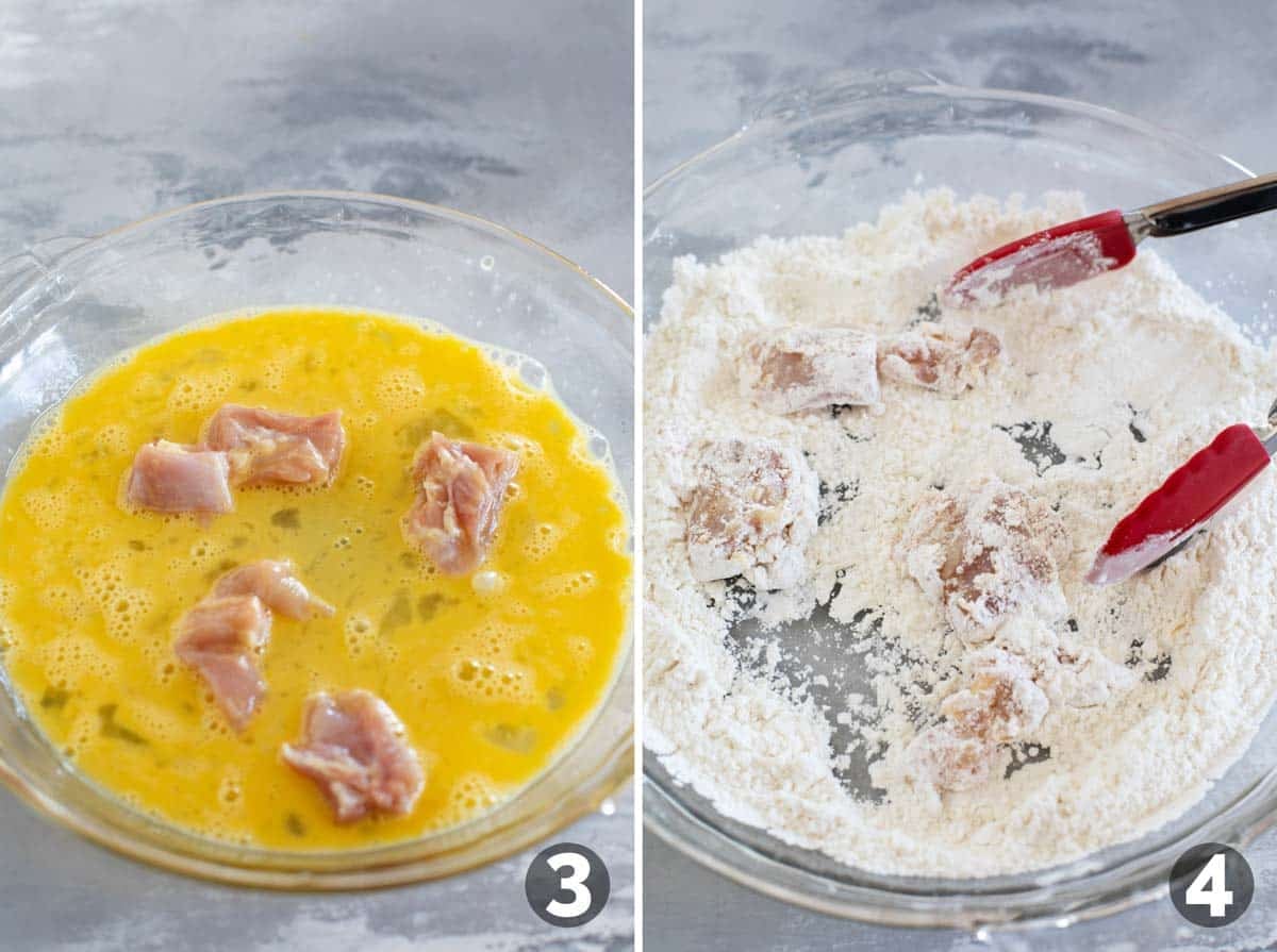 Breading chicken with eggs and flour mixture.